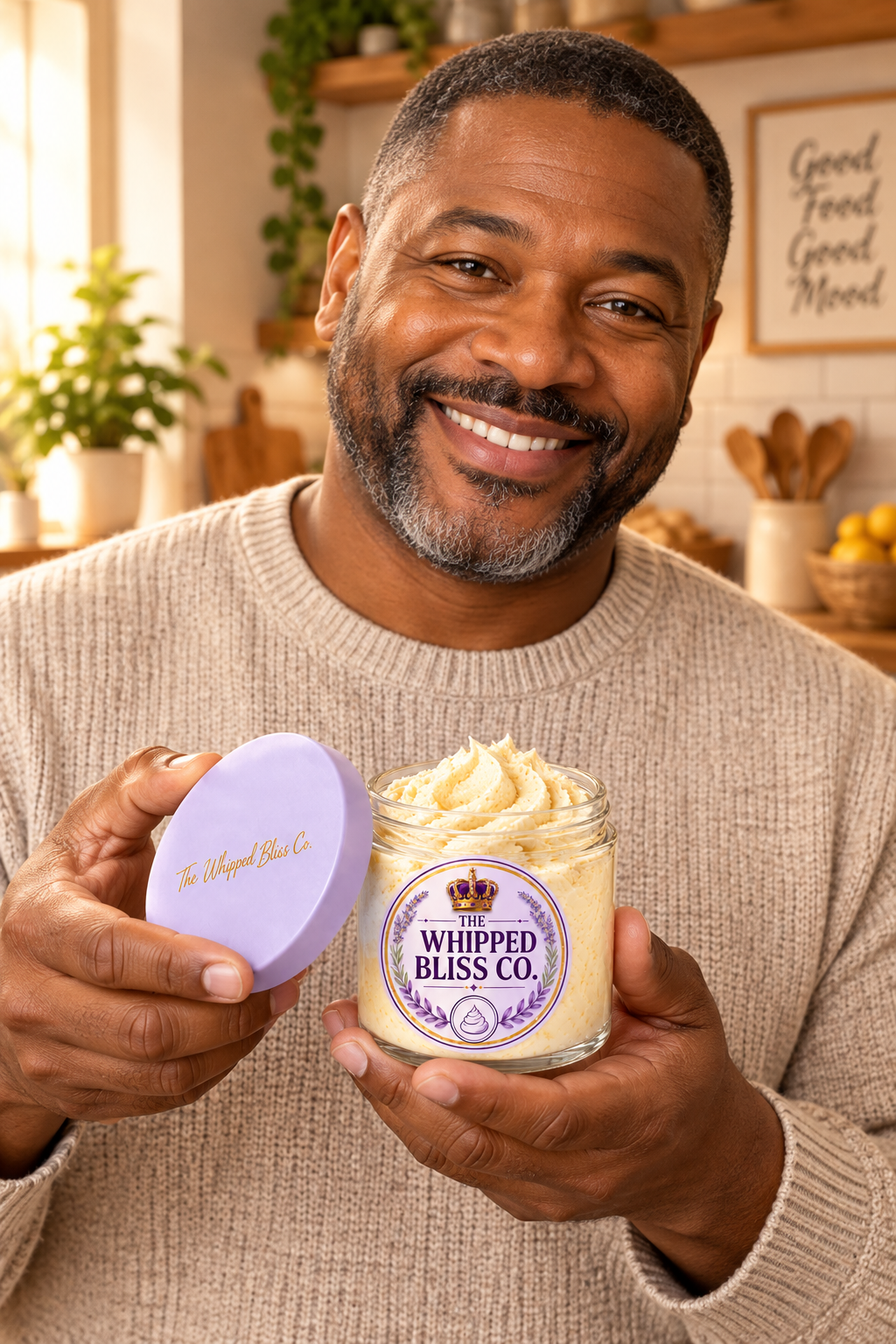 Man holding Ginger & Nutmeg Body Butter jar for scale reference