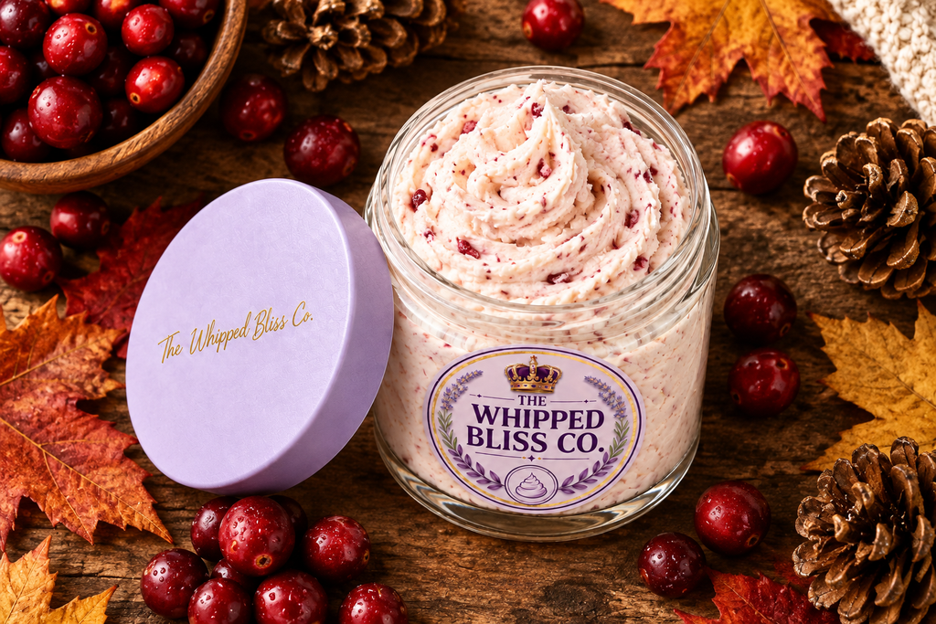 Cranberry Harvest Body Butter flat lay with cranberries and pinecones