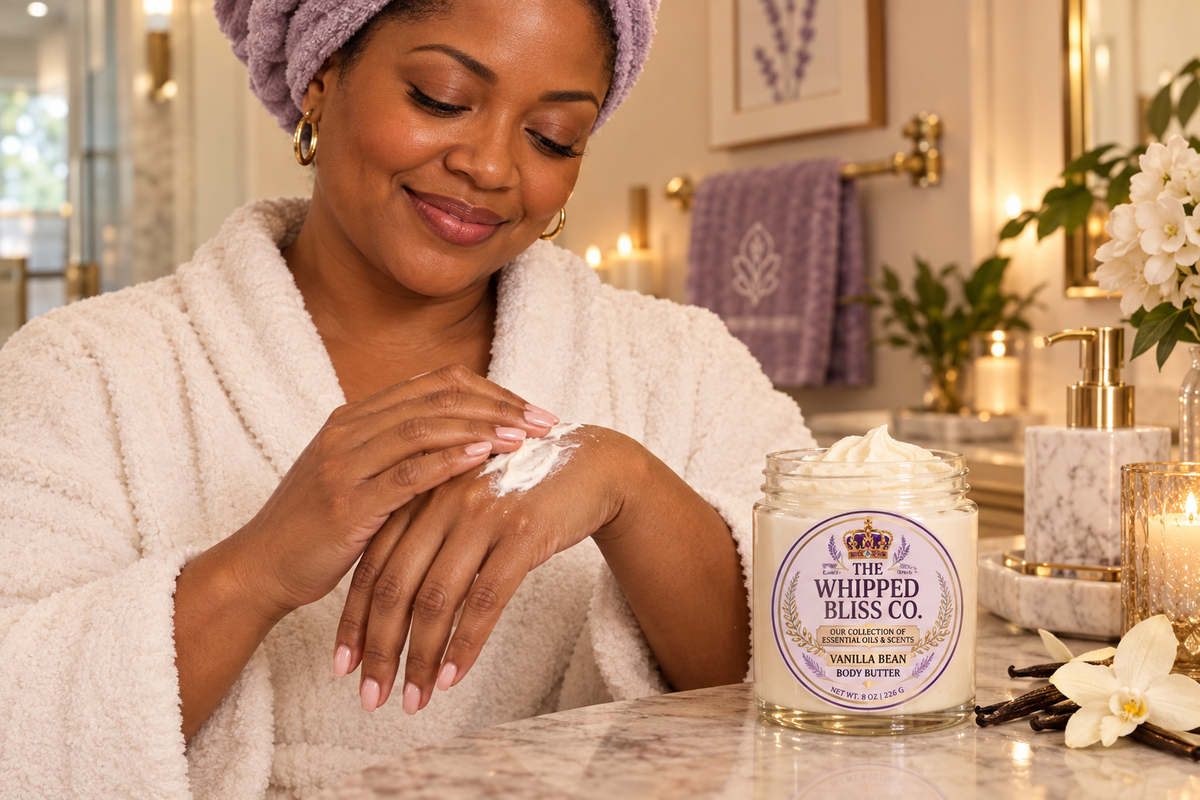 Woman applying sweet vanilla bean body butter