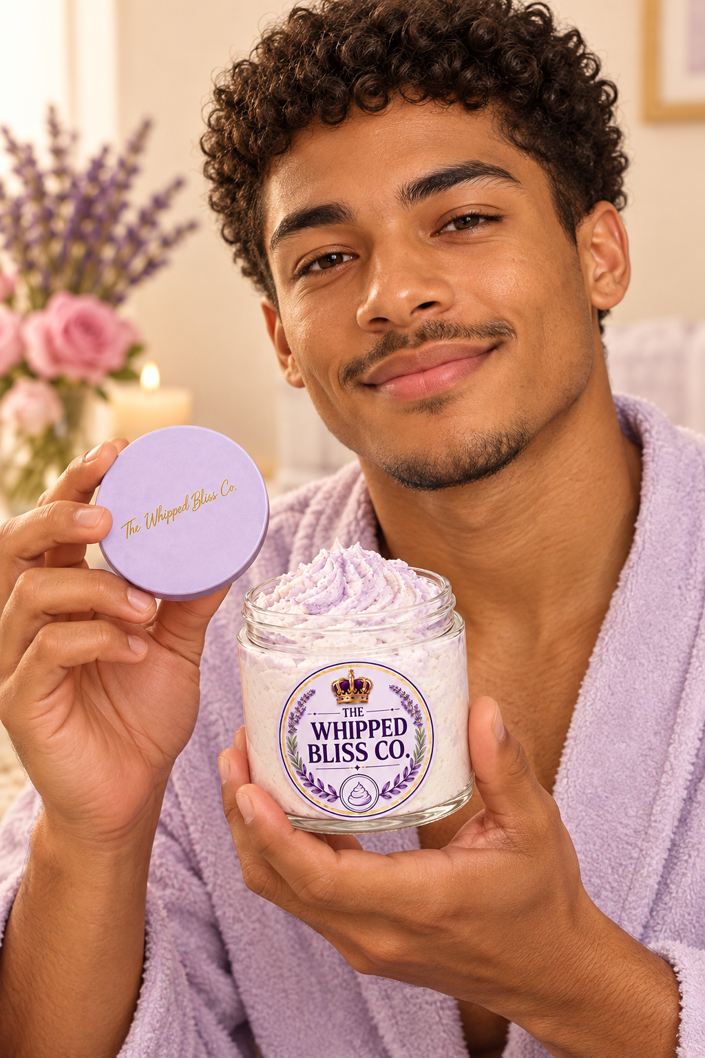 Young man holding Velvet Lavender and Rose Body Butter jar for scale reference