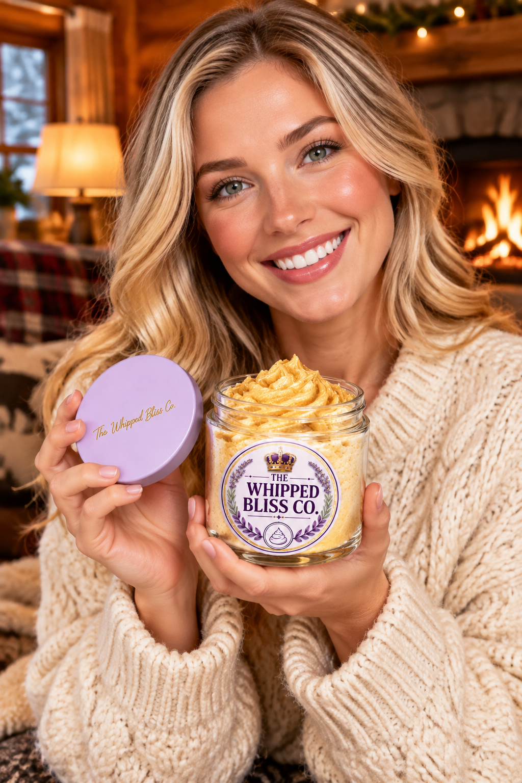 Woman holding Maple Brown Sugar Body Butter jar for scale reference