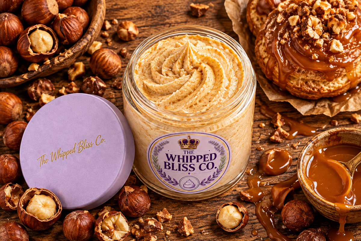 Roasted Hazelnut Body Butter flat lay with hazelnuts and caramel