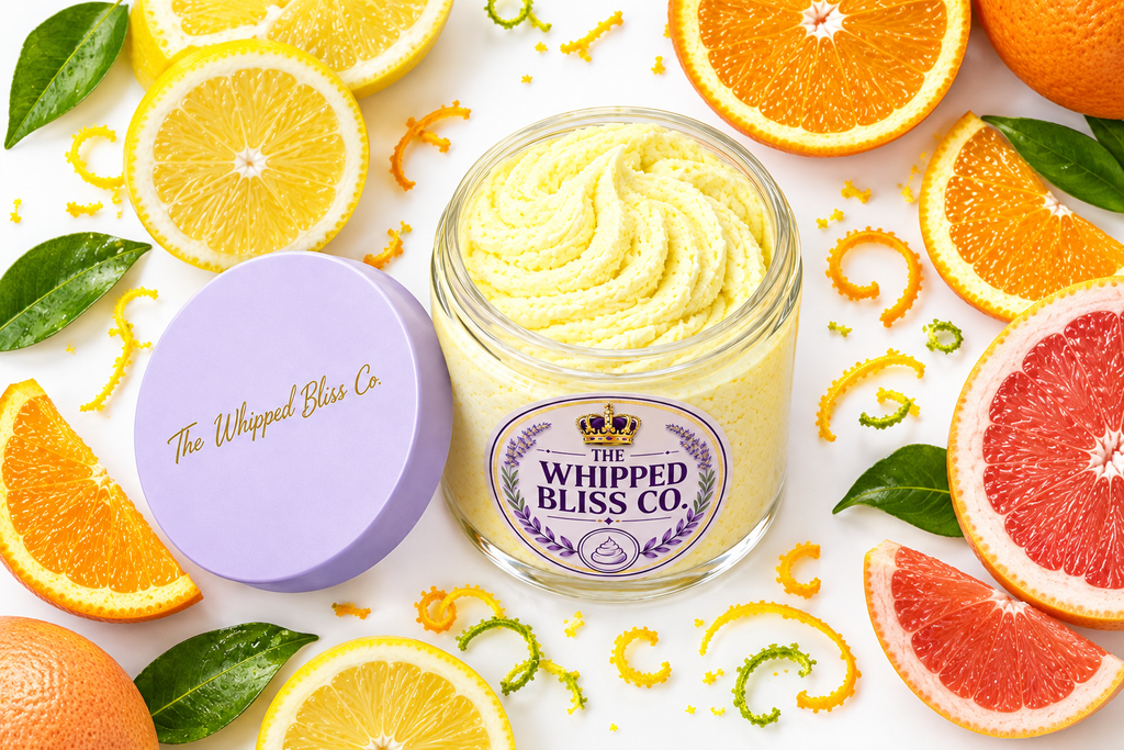 Citrus Body Butter flat lay with citrus fruits