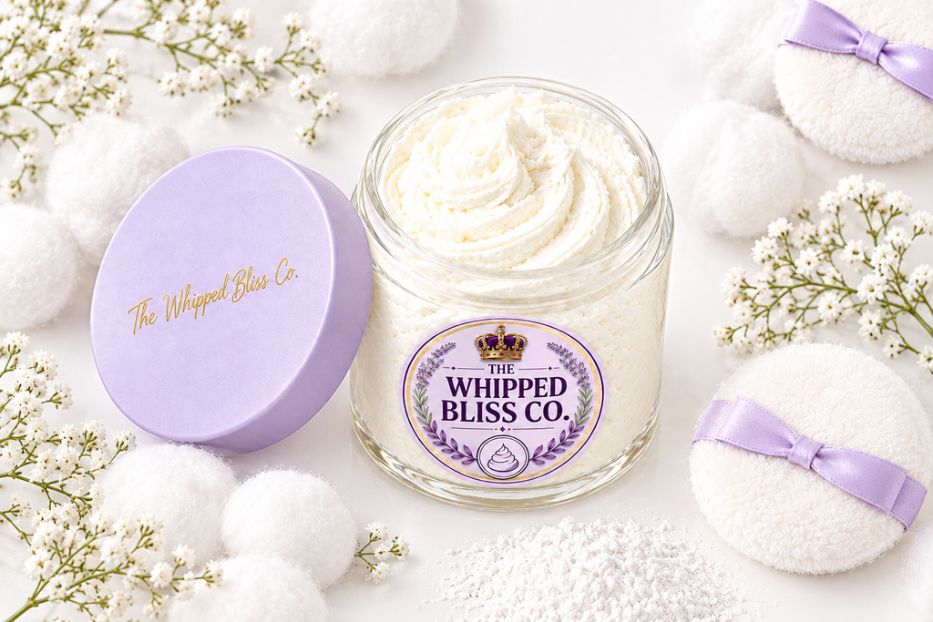 Baby Powder Body Butter flat lay with cotton balls and powder puffs