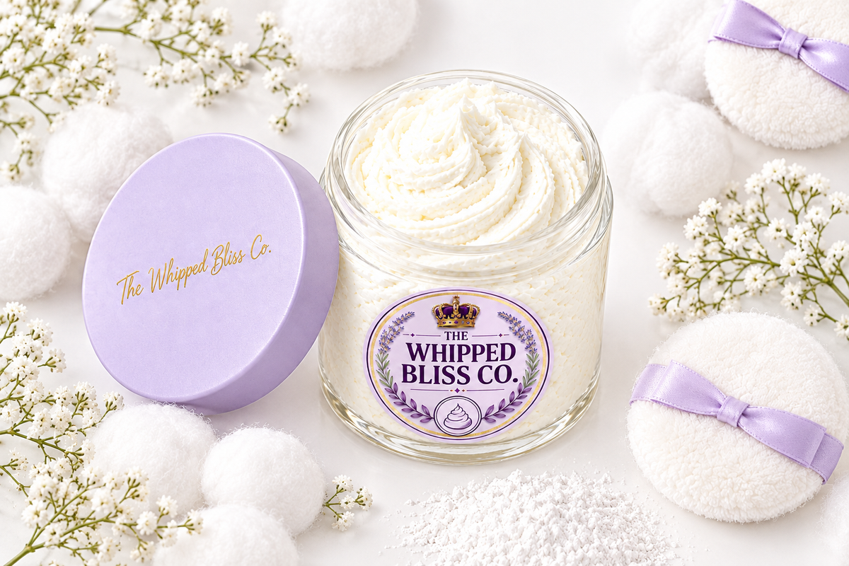 Baby Powder Body Butter flat lay with cotton balls and powder puffs