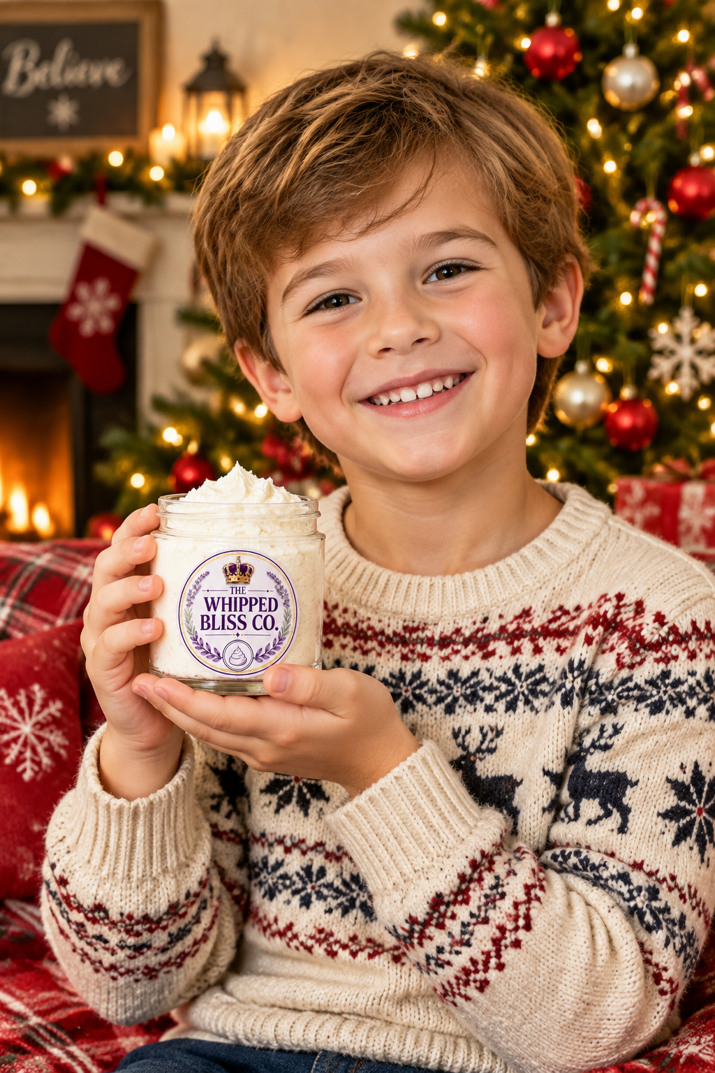 Young boy holding Sweet Peppermint Body Butter jar for scale reference