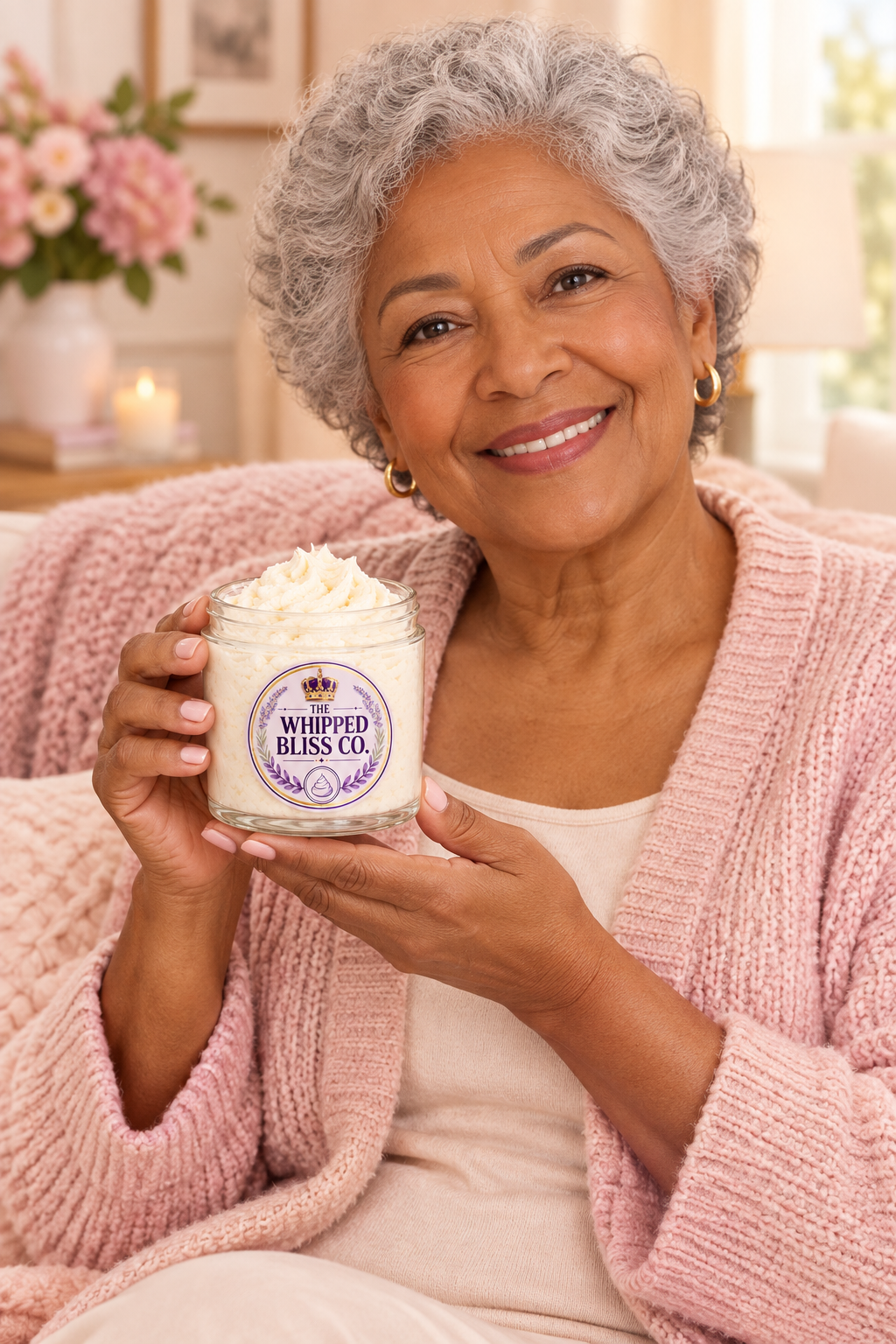 Elderly woman holding Cherry Almond Body Butter jar for scale reference