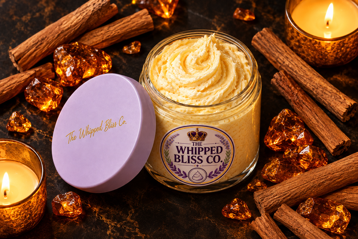 Amber & Sandalwood Body Butter flat lay with amber resin and candles