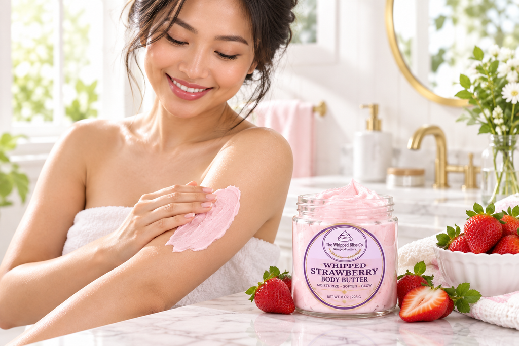 Woman applying strawberry body butter