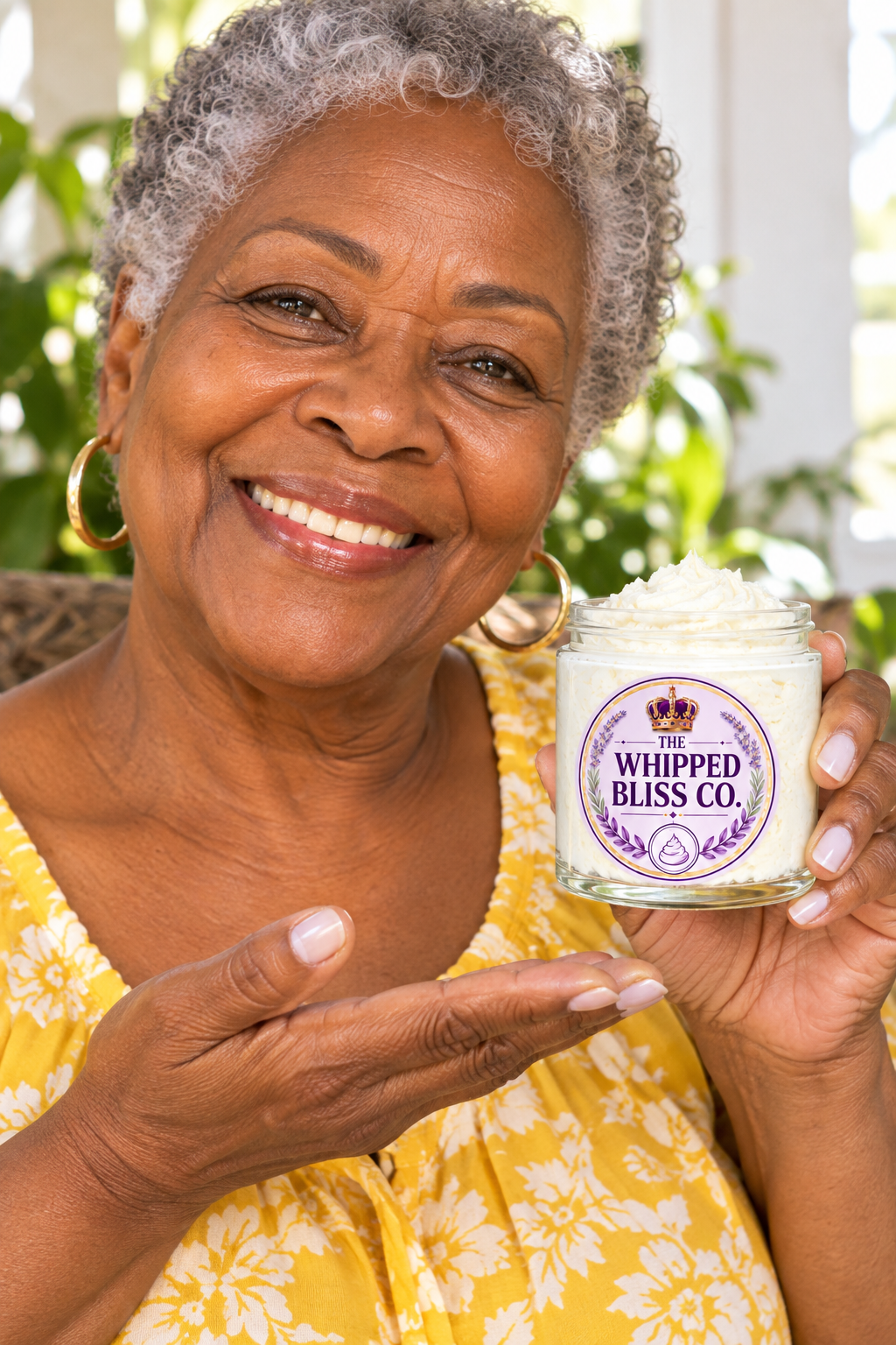 Elderly woman holding Orangesicle Body Butter jar for scale reference