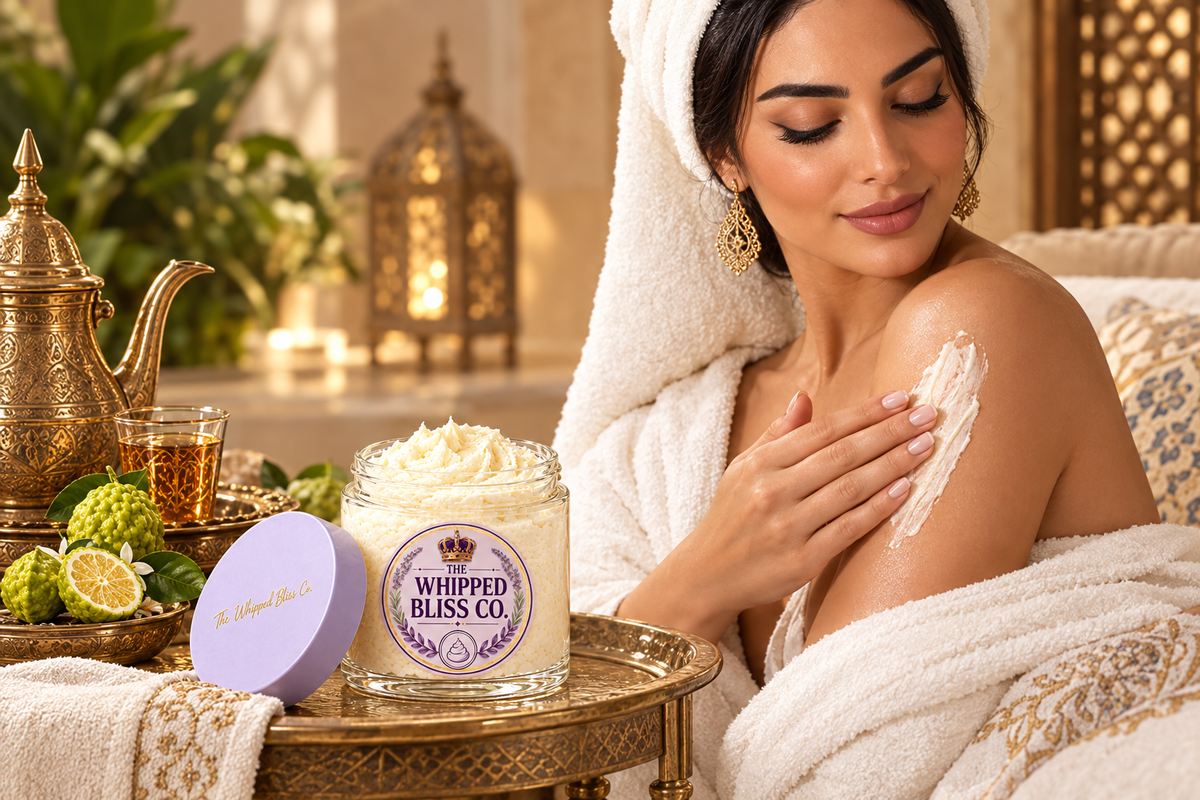 Woman applying Bergamot Black Tea Body Butter in a spa setting