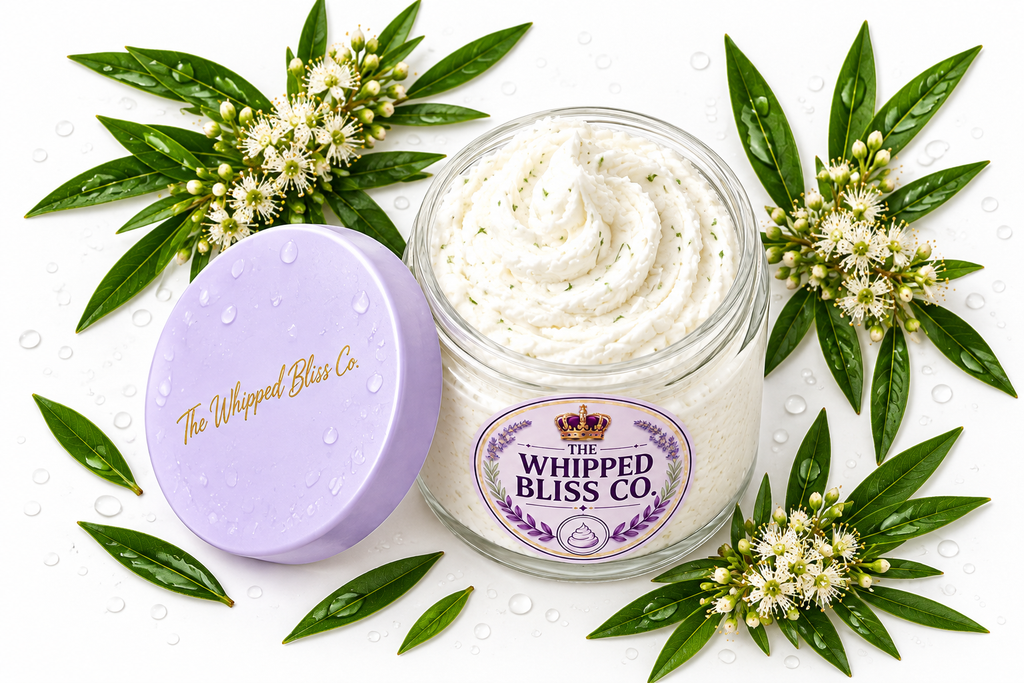 Tea Tree Body Butter flat lay with tea tree leaves