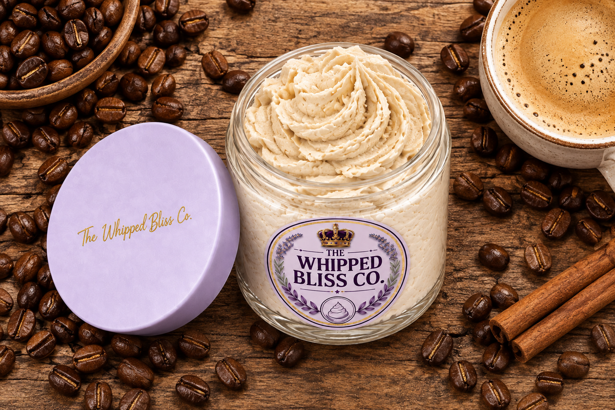 Coffee Body Butter flat lay with coffee beans