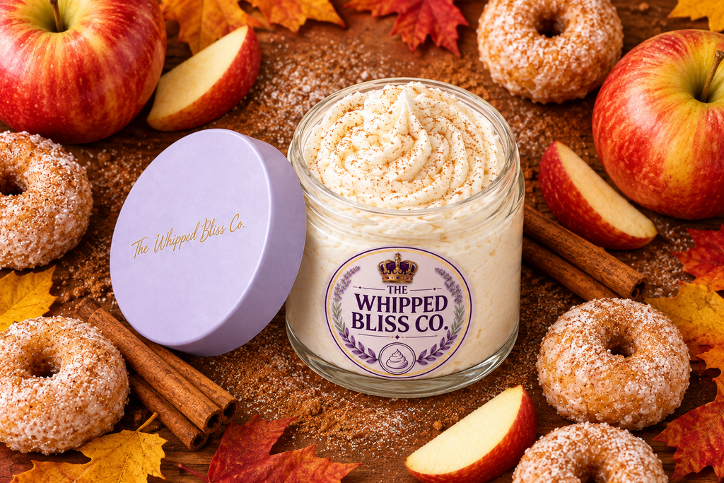 Apple Cider Donut Body Butter flat lay with apples and cinnamon