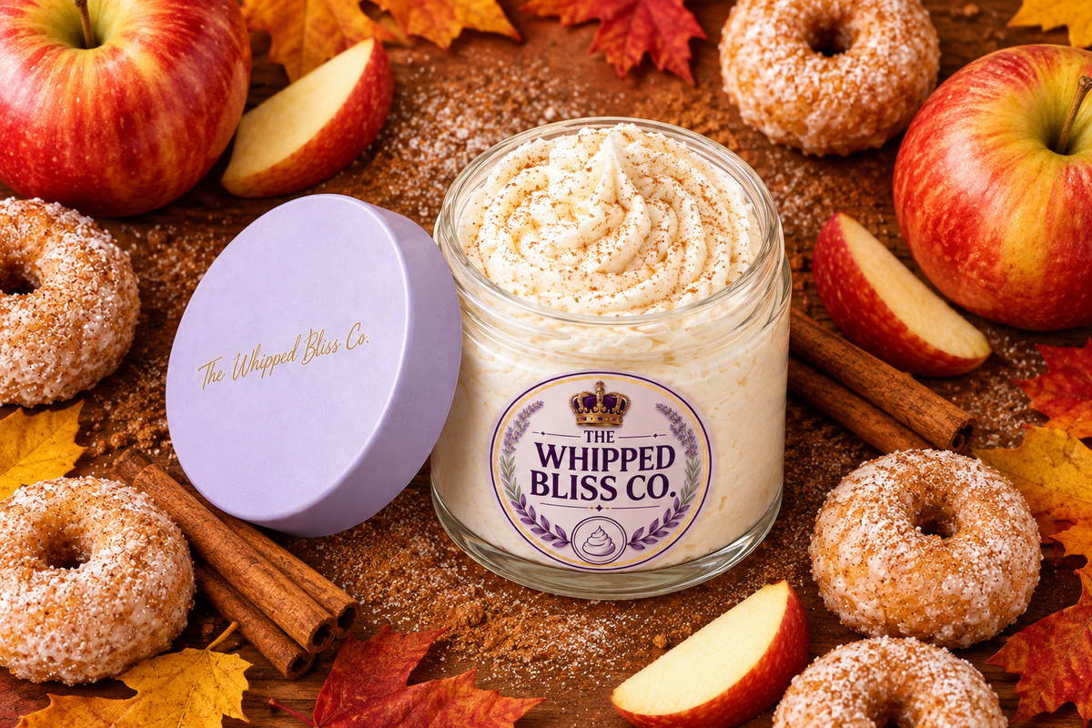 Apple Cider Donut Body Butter flat lay with apples and cinnamon
