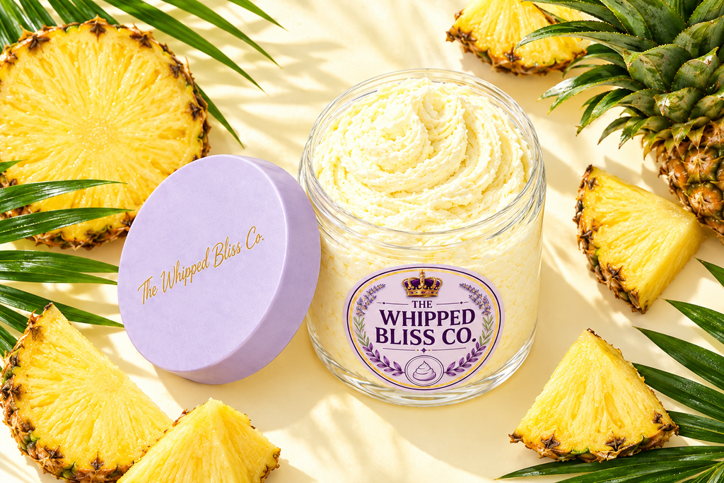 Pineapple Body Butter flat lay with fresh pineapple