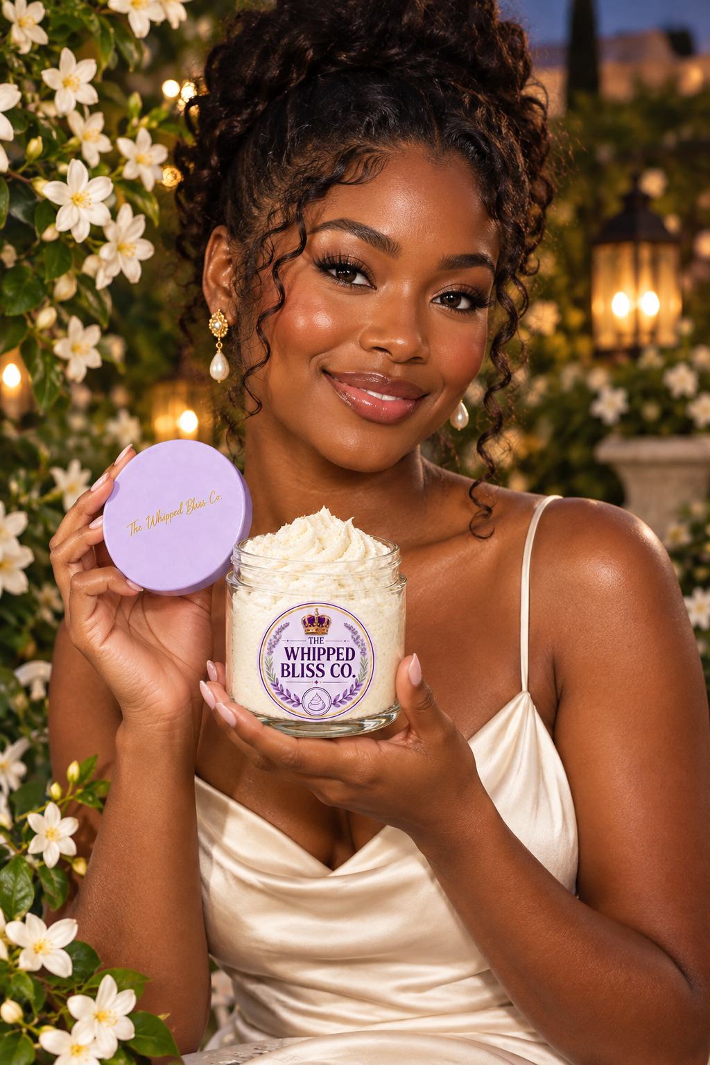 Woman holding Jasmine Body Butter jar for scale reference