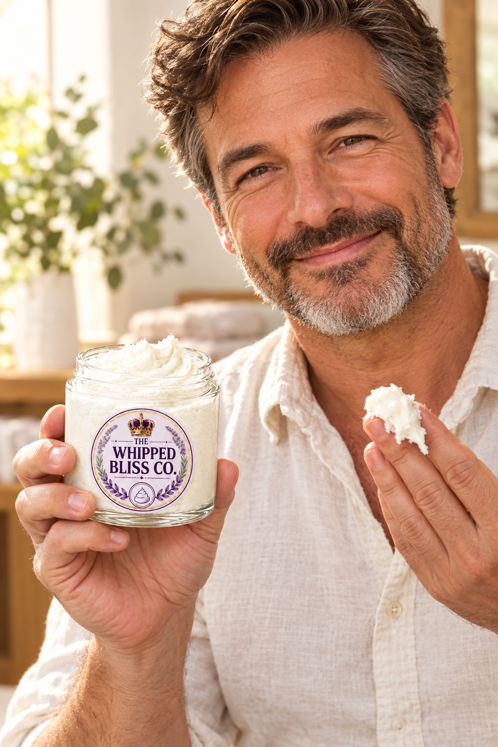 Man holding Sandalwood and Wild Lavender Body Butter jar for scale reference