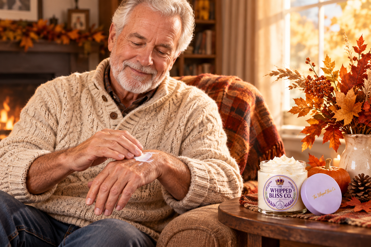 Elderly man applying Harvest Spice Body Butter in a cozy living room