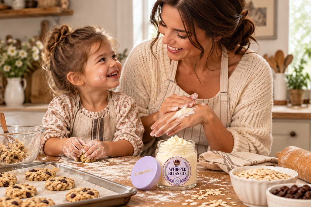 Mother and child baking cookies with Oatmeal Cookie Body Butter