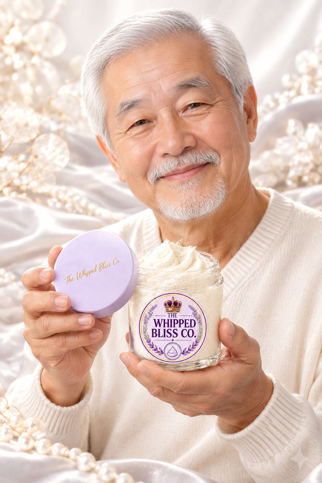 Man holding Moonlit Cashmere Body Butter jar for scale reference