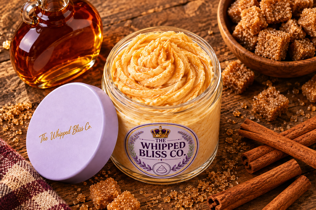 Maple Brown Sugar Body Butter flat lay with maple syrup and brown sugar