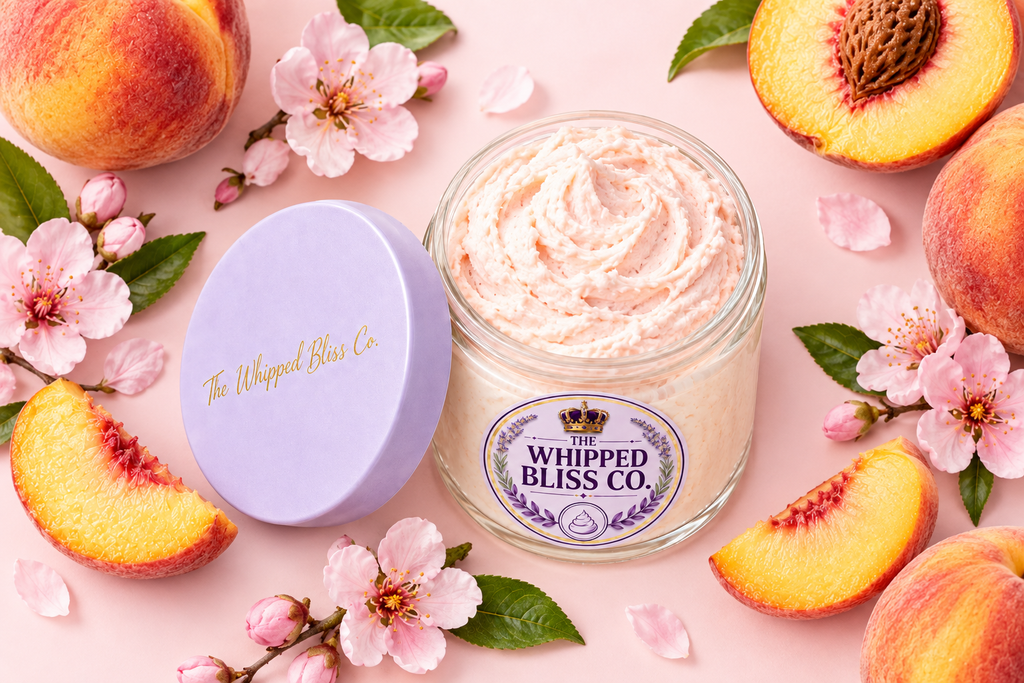 Peach Body Butter flat lay with fresh peaches