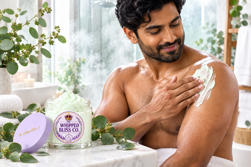 Man applying Eucalyptus Body Butter in a spa-style bathroom