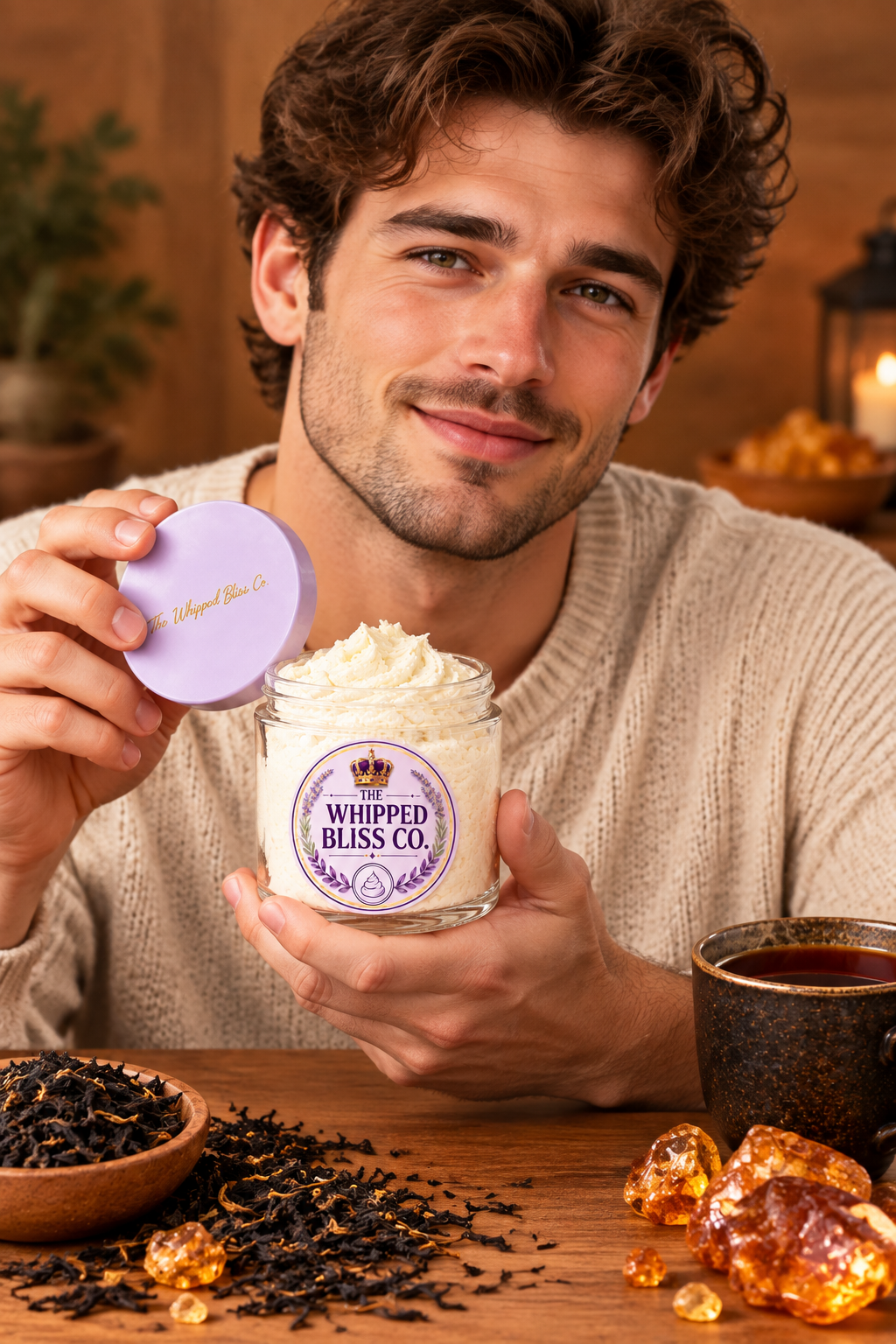Man holding Black Tea and Amber Body Butter jar for scale reference