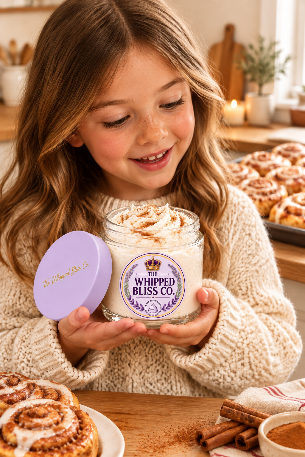 Child holding Cinnamon Swirl Body Butter jar for scale reference