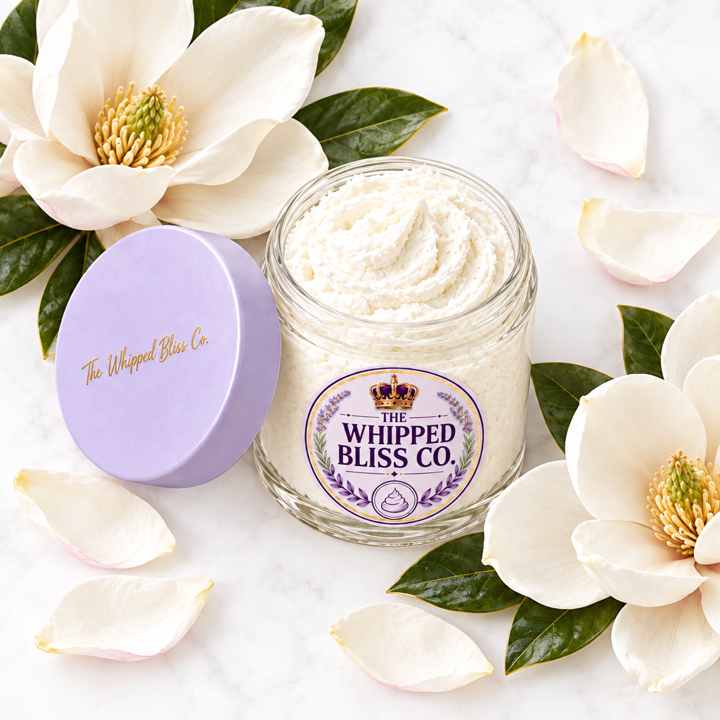 Magnolia Body Butter styled with magnolia blossoms