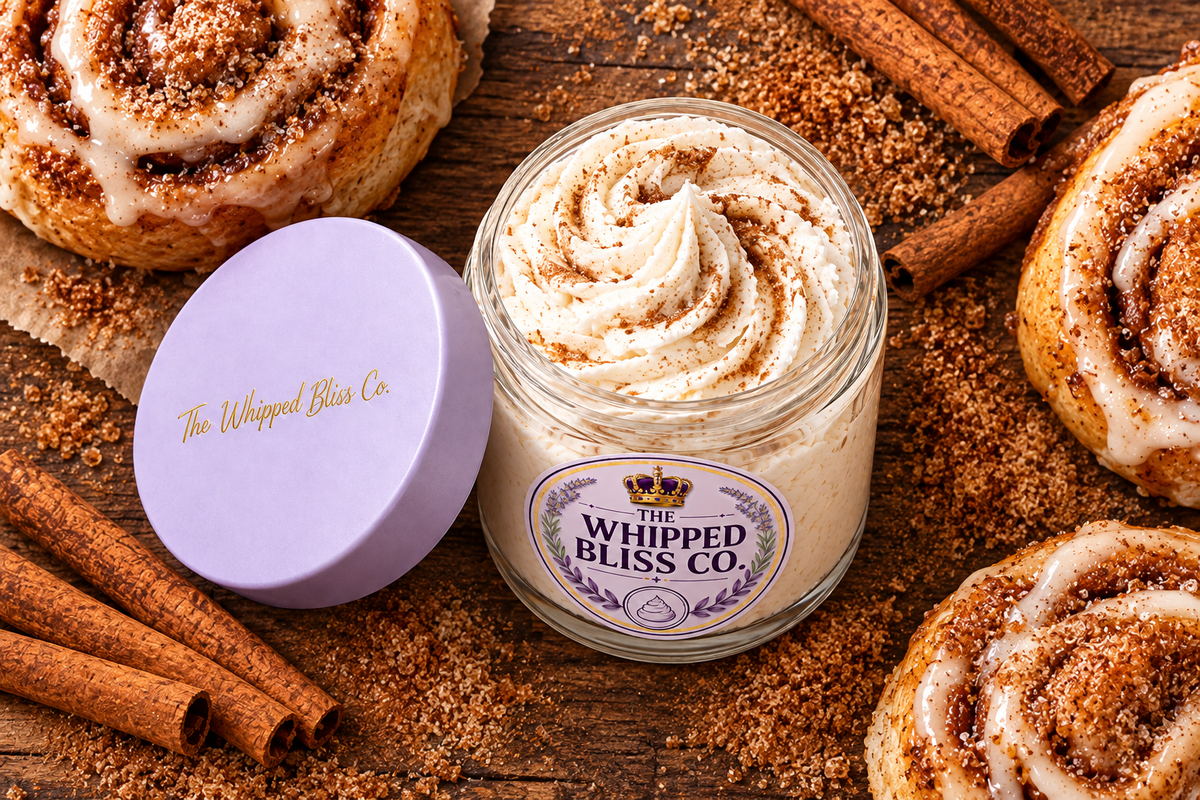 Cinnamon Swirl Body Butter flat lay with cinnamon rolls