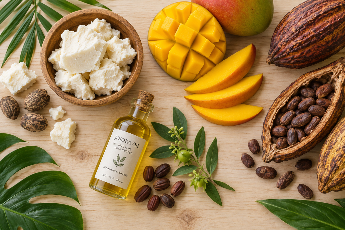Flat lay of mango body butter ingredients