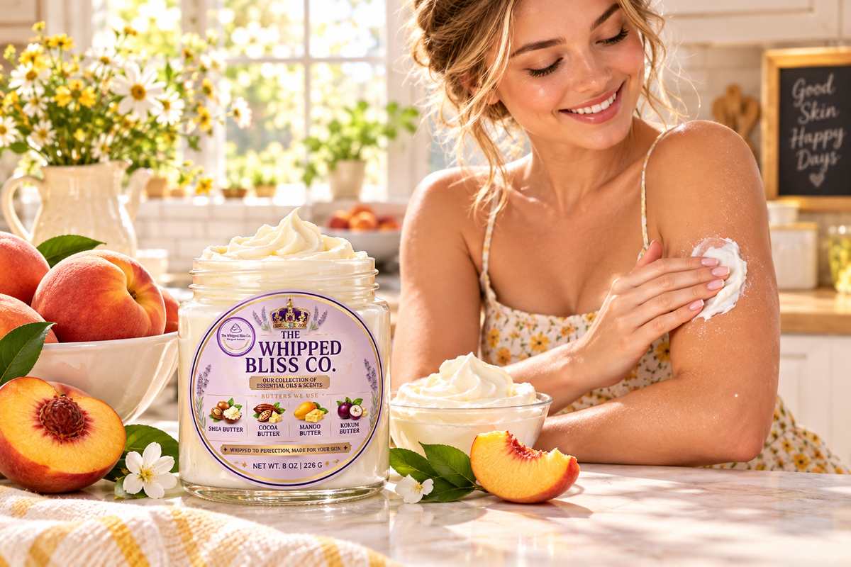Woman applying Peaches & Cream Body Butter in a sunny kitchen