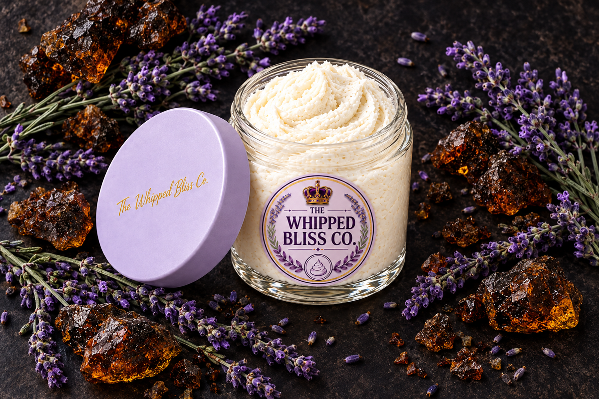 Black Amber and Lavender Body Butter flat lay with lavender and resin