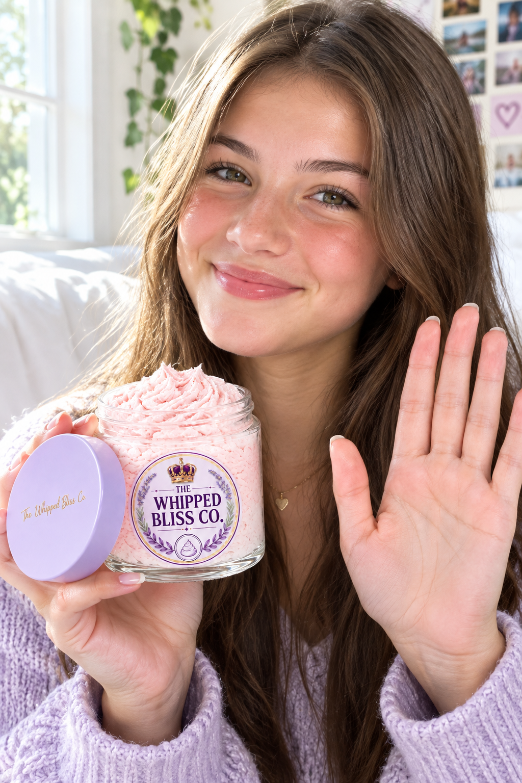 Teenage girl holding Velvet Rose and Sweet Pea Body Butter jar for scale reference