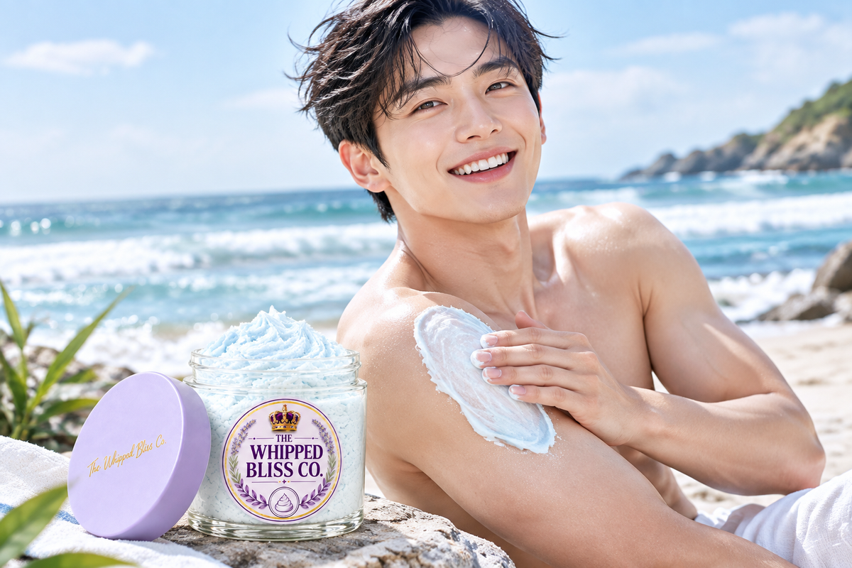 Man applying Ocean Breeze Body Butter on the beach
