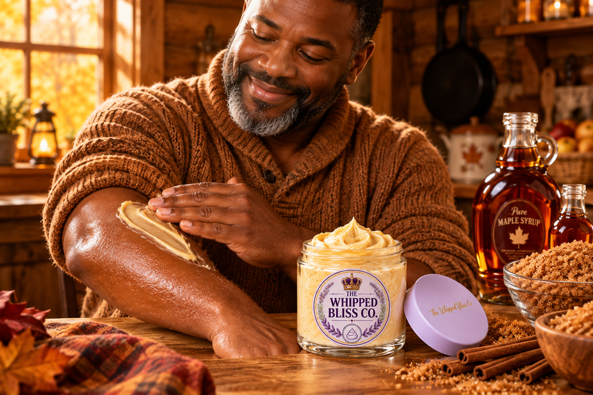 Man applying Maple Brown Sugar Body Butter in a rustic cabin kitchen