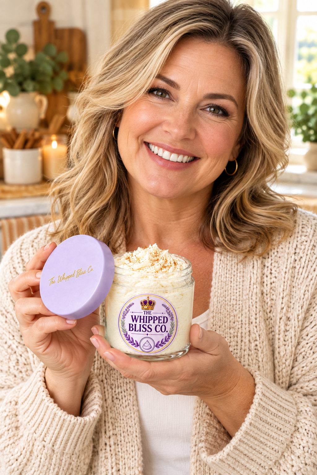 Woman holding Chai Latte Body Butter jar for scale reference