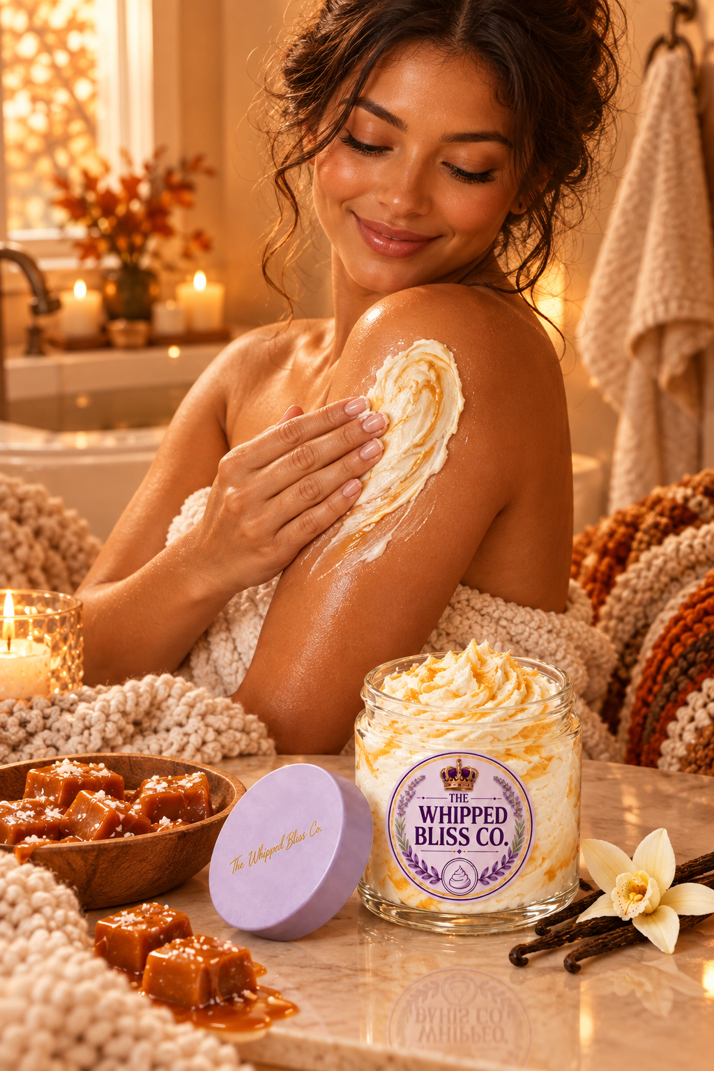 Woman applying Caramel Body Butter in a cozy bathroom