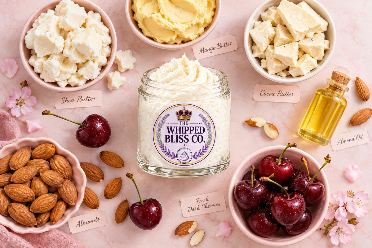 Cherry Almond Body Butter ingredient flat lay