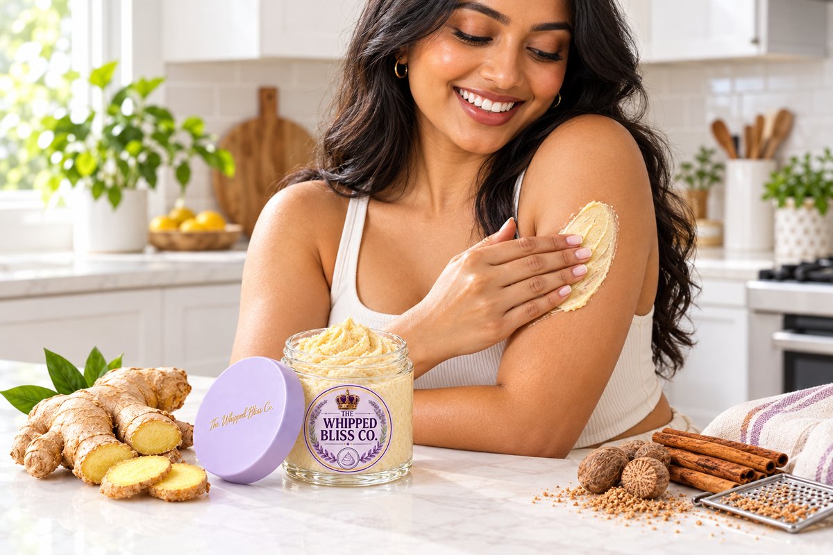 Woman applying Ginger & Nutmeg Body Butter in kitchen