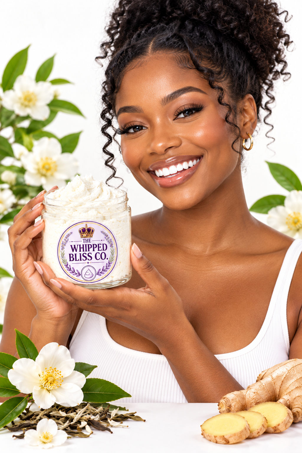 Woman holding White Tea and Ginger Body Butter jar for scale reference