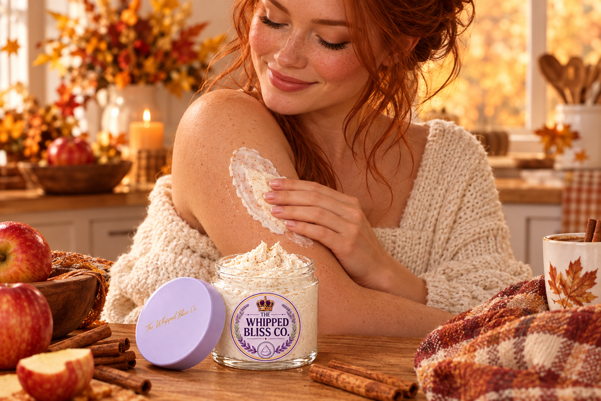 Woman applying Apple Cider Donut Body Butter in a cozy autumn kitchen