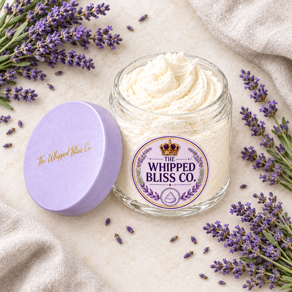 Lavender Body Butter jar styled with lavender sprigs and linen