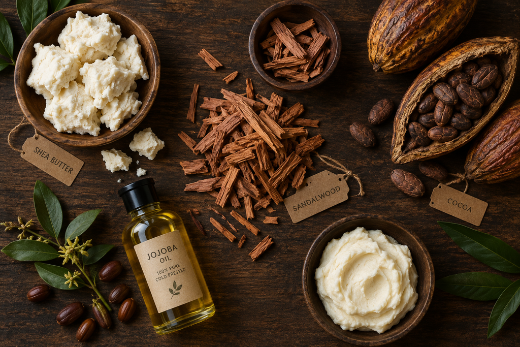 Flat lay of sandalwood body butter ingredients