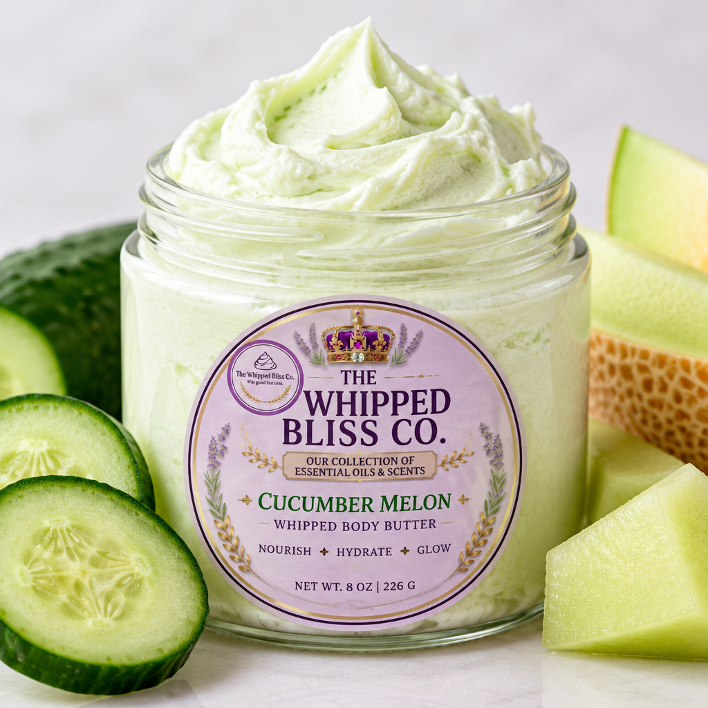Close-up of whipped cucumber melon body butter texture with logo label