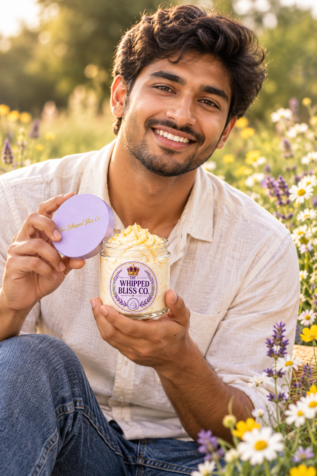 Man holding Wildflower Honey Body Butter jar for scale reference