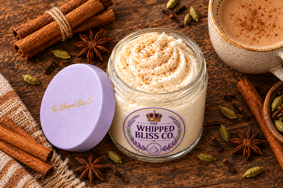 Chai Latte Body Butter flat lay with chai spices and tea