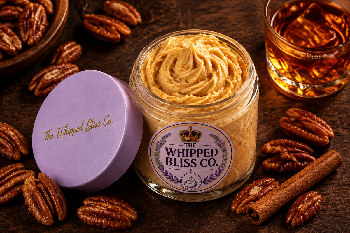 Bourbon Pecan Body Butter flat lay with pecans and bourbon